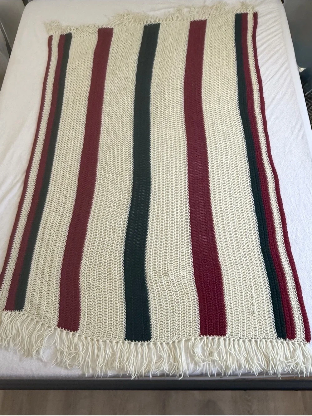 Handmade Crochet Throw Blanket Fringe Cranberry Evergreen Cream 67x43
